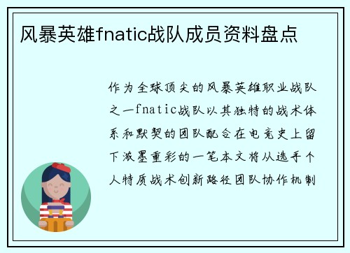 风暴英雄fnatic战队成员资料盘点